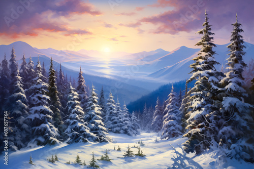 Winter snow covered forest landscape at sunrise in the mountains, painting