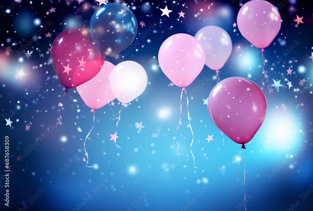 colorful blue and pink stars and balloons on a blue background stock foto, digitally enhanced
