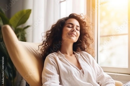 A woman sitting on a couch, smiling brightly. Relaxing after a hard week of work.