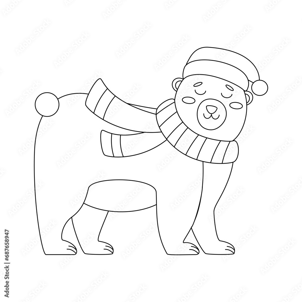 Obraz premium Christmas bear with a red hat and scarf. Winter holiday element.