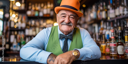 Bartender at an Irish pub wearing orange bowler hat and green vest, portrait, wide banner photo
