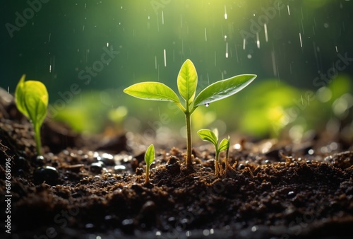 green seeds sprout under the ground in the rain