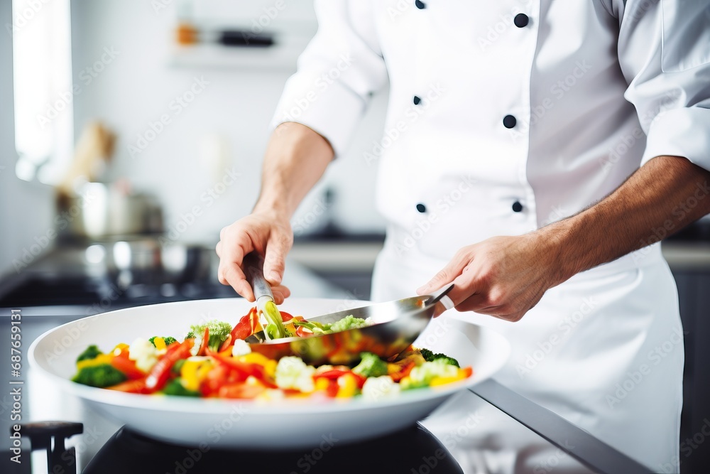 A chef in an apron preparing food in the kitchen. Copy space image