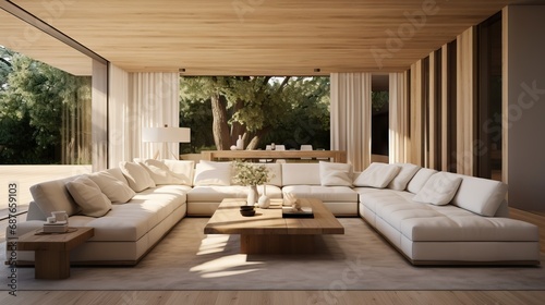 A contemporary living room with white furniture and wooden walls.