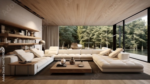 A contemporary living room with white furniture and wooden walls. © Banana Images