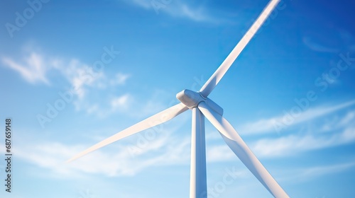 A wind turbine against a blue sky, harnessing renewable energy.