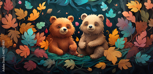 Two baby bears surronded with leaves on blue backgroud photo