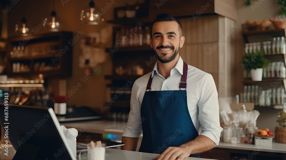 A man in an apron stands in a restaurant, smiling warmly. Young entrepreneur concept A man in an apron stands in a restaurant, smiling warmly. Young entrepreneur concept