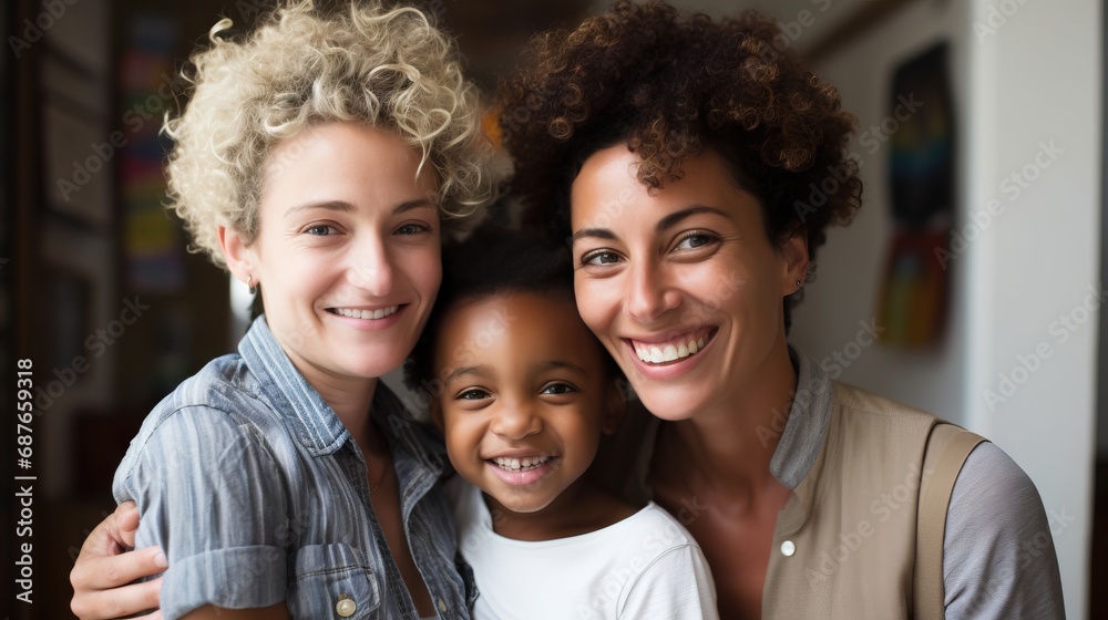 A lesbian couple, new family concept, happily smile at the camera in this portrait.