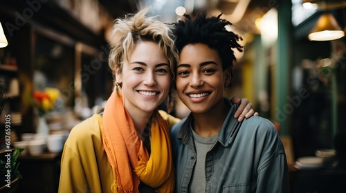 A lesbian couple, new family concept, happily smile at the camera in this portrait.
