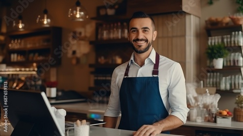 A man in an apron stands in a restaurant, smiling warmly. Young entrepreneur concept