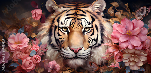 Portrait of a tiger surronded with flowers, mug sublimation, mug wrap photo