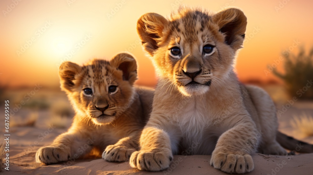 Obraz premium lion cubs sitting on sand in the desert for sunset, exaggerated facial features