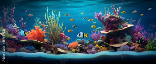 Underwater ocean life with many colourful fishes and corals