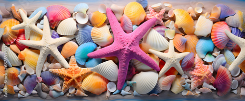 Colourful seashells and stars on a sandy beach