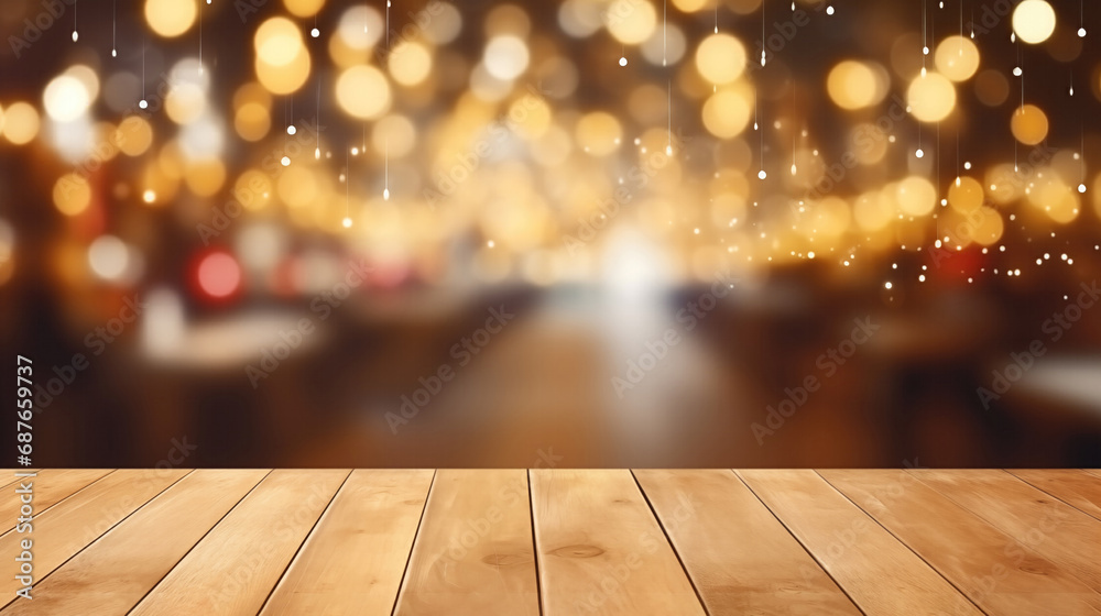 Empty Wooden Table Top For Product Display Blurred Background Light