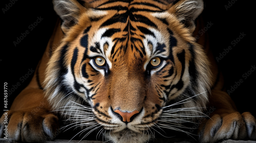 Tiger's Gaze: A powerful close-up of a tiger's intense gaze, emphasizing the strength and regality of these endangered big cats.