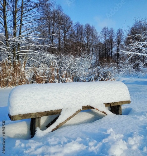 an old wooden bench covered with 