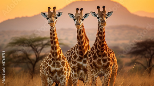 Giraffe Elegance: A striking portrayal of giraffes gracefully navigating the African savannah, showcasing their distinctive patterns and long necks.