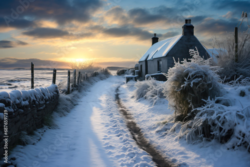 Winter in Ireland, snow covered landscape with old stone home cottage farmhouse