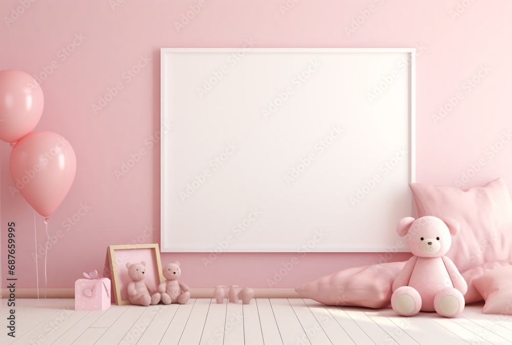 pink blank frame blackboard with toy and toys laying on the floor. Empty space for message