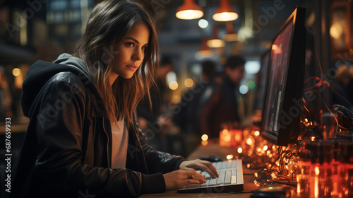 Woman hacker sitting in front of a computer in an internet cafe, woman in tech, woman working on a computer, woman hacking