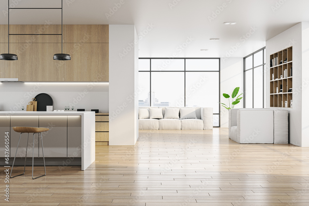 Modern wooden kitchen interior with panoramic city view, furniture and reflections on floor. Luxury living concept. 3D Rendering. Modern wooden kitchen interior with panoramic city view, furniture and reflections on floor. Luxury living concept. 3D Rendering.