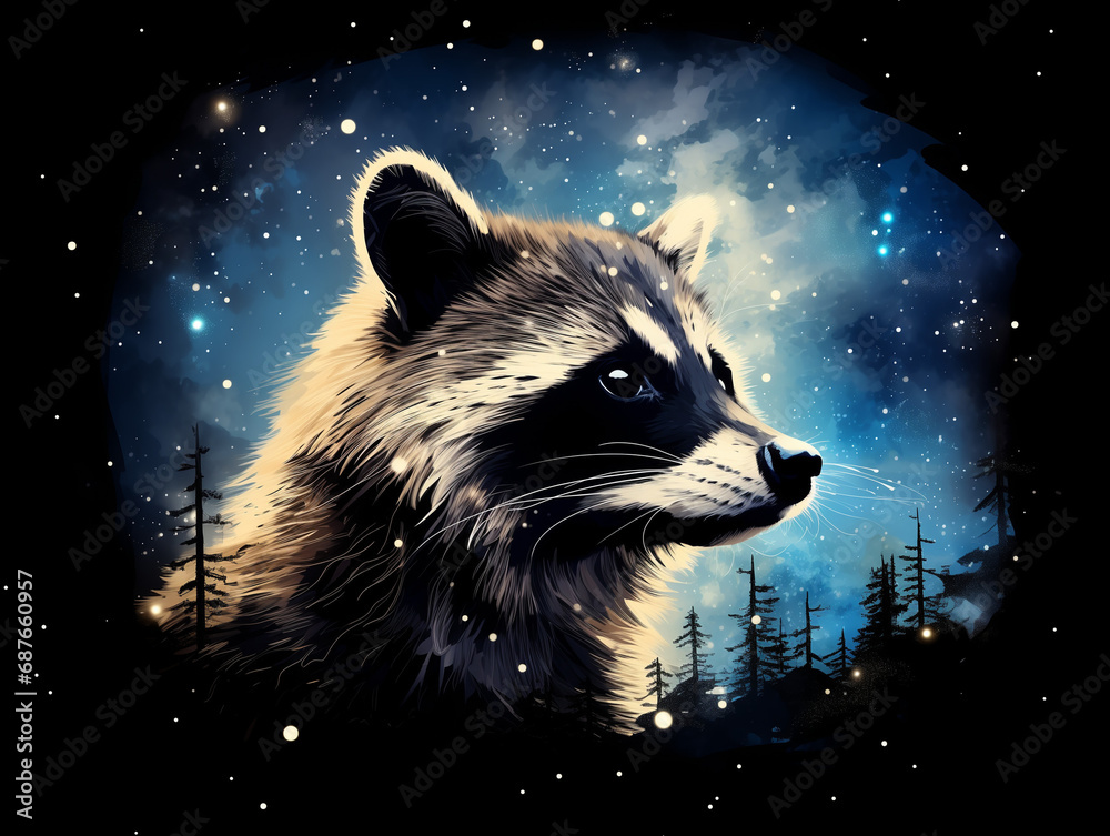 A Double Exposure Style Silhouette of a Raccoon with a Space Scene Background