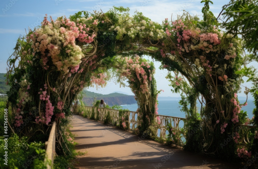 a bridge with flowers covered in plastic flowers on it a bridge with flowers covered in plastic flowers on it