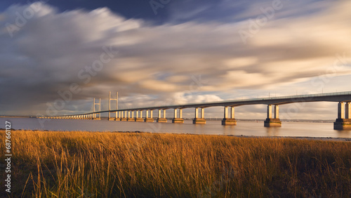 A view of the Severn bridge at sunset from Wales