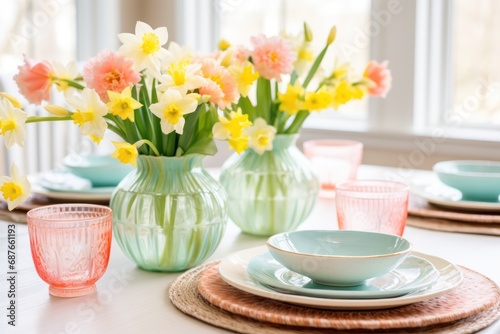 A bright and colorful Easter-inspired table setting with pastel-colored plates,