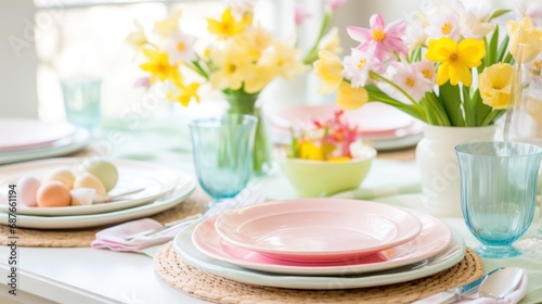 A bright and colorful Easter-inspired table setting with pastel-colored plates,