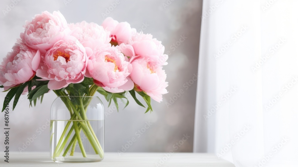 A close-up of a bouquet of pink peonies in a glass vase against a white background
