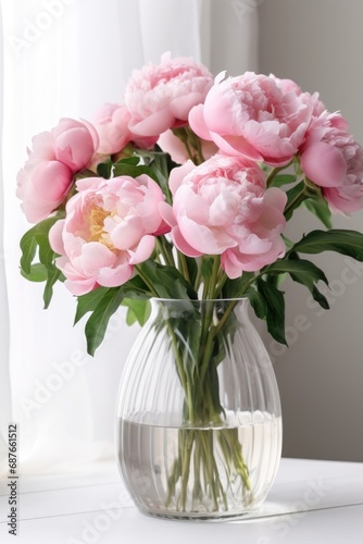 A close-up of a bouquet of pink peonies in a glass vase against a white background