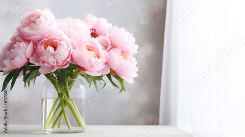 Fototapeta Naklejka Na Ścianę i Meble -  A close-up of a bouquet of pink peonies in a glass vase against a white background