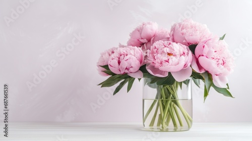 A close-up of a bouquet of pink peonies in a glass vase against a white background