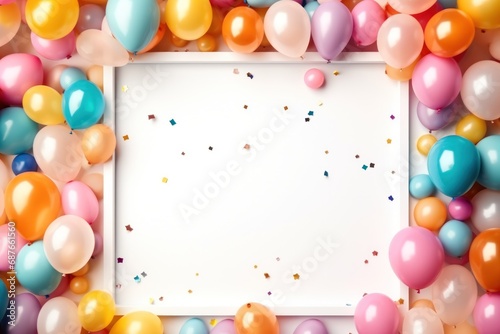 a colorful decorative frame with balloons and confetti,