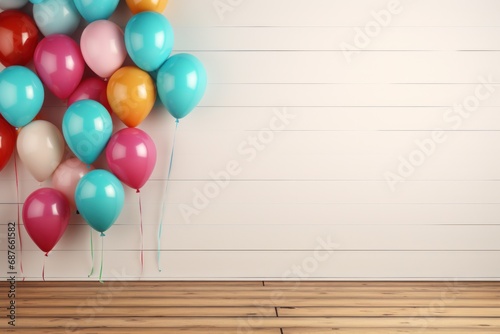 a colorful group of balloons on wood,