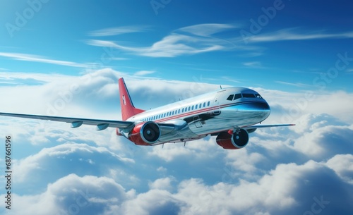 a commercial aircraft is flying in the blue sky,