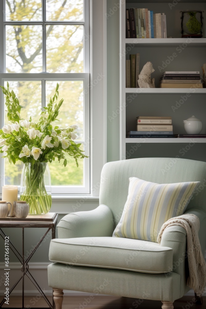 A cozy reading nook with a plush armchair, A cozy reading nook with a plush armchair,