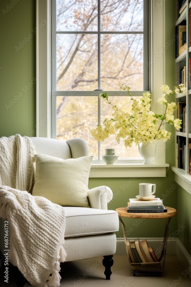 A cozy reading nook with a plush armchair, A cozy reading nook with a plush armchair,