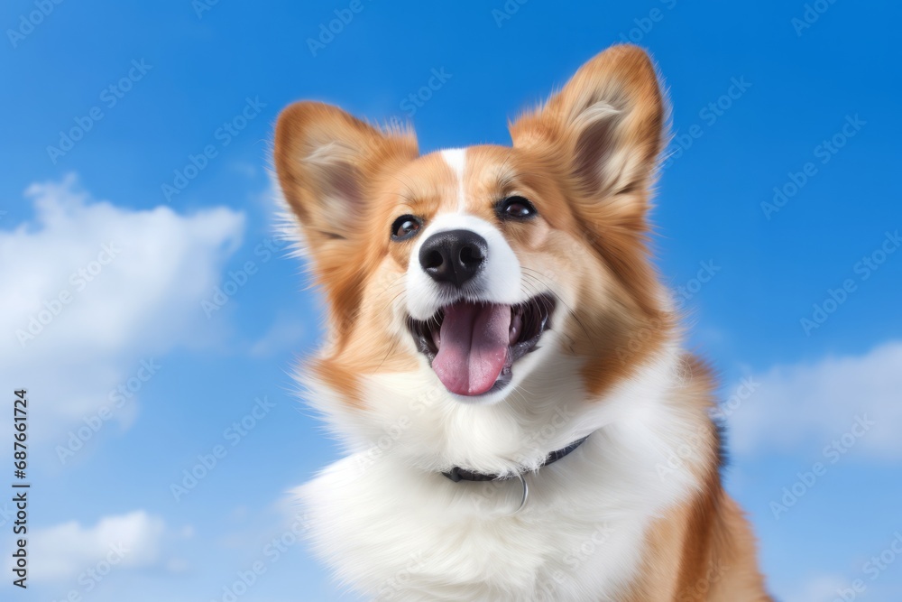 Close up happy cute puppy welsh corgi against blue sky