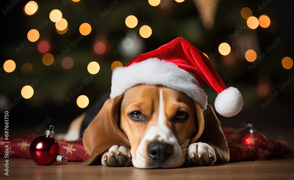 cute beagle dog lay down sleepy beside Christmas tree with bokeh light and baubles decorated on it, cute funny dog pet in Xmas eve, Generative Ai
