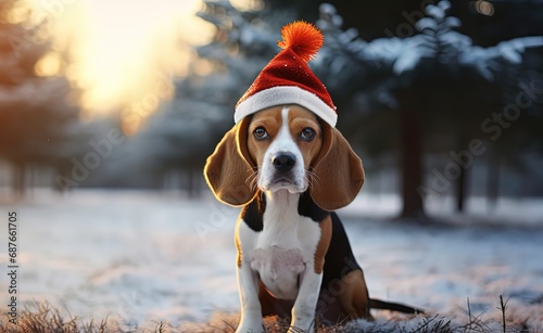 cute beagle dog sitting on snow ground outdoor nature park landscape, funny animal winter season, Generative Ai