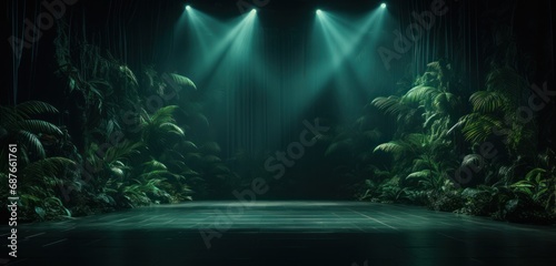 a dark room decorated with palms and leaves 