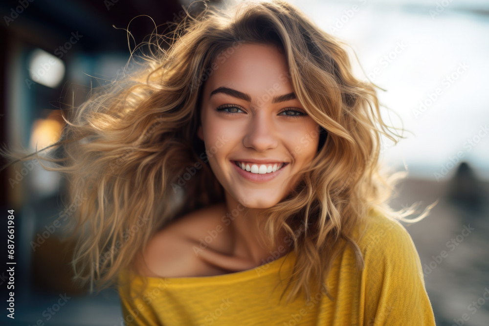 Obraz premium A woman in a yellow shirt smiles with her hair blowing in the wind