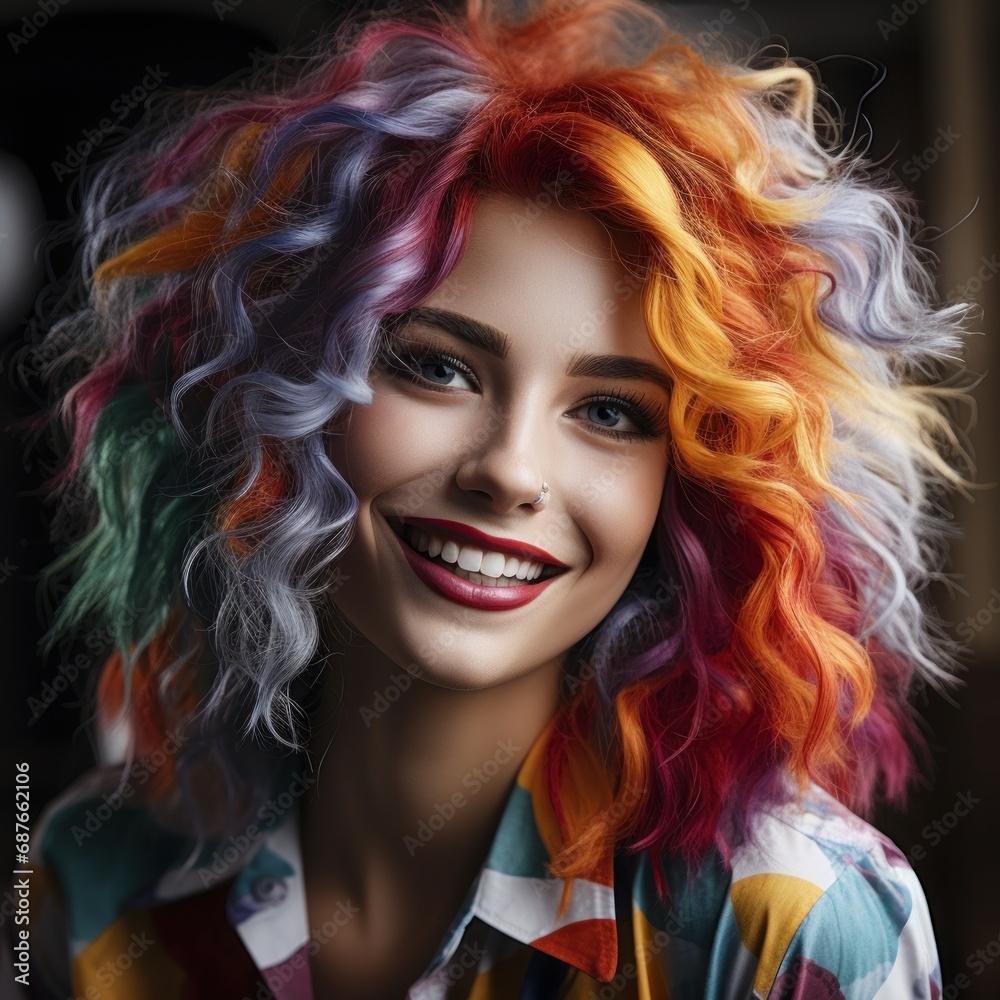 Portrait of smiling woman with colourful make-up, colourful clothes and colourful hair. Portrait of smiling woman with colourful make-up, colourful clothes and colourful hair.