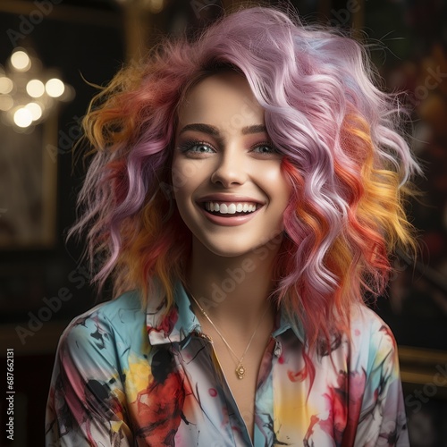 Portrait of smiling woman with colourful make-up, colourful clothes and colourful hair.