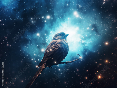 A Double Exposure Style Silhouette of a Sparrow with a Space Scene Background © Nathan Hutchcraft