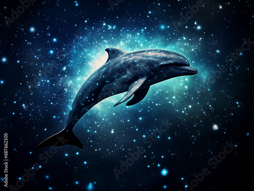A Double Exposure Style Silhouette of a Dolphin with a Space Scene Background